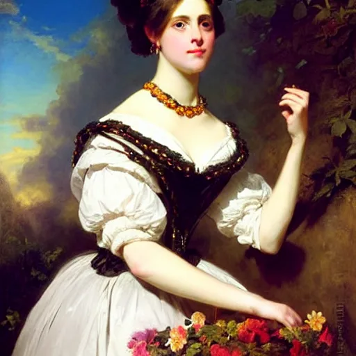 Image similar to beautiful painting of a queen by franz xaver winterhalter, highly detailed, vivid, romanticism, 1 8 6 0 s style art, high quality, elegant, fancy