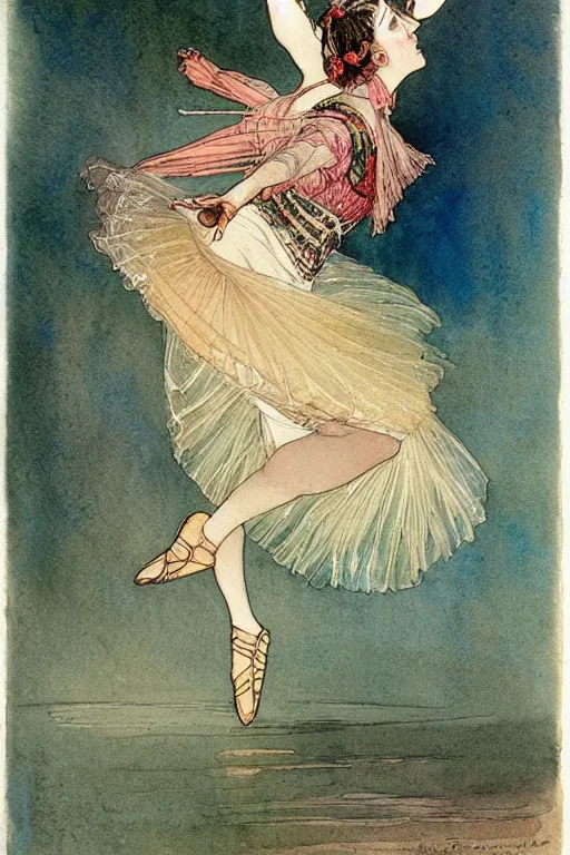 Prompt: a hiper intricate watercolor of a beatiful dancing balerina, extremely detailed, sharp focus, wide view, smooth, digital illustration, colorfull, by william turner art, by greg rutowski, by carl larson, by edmund dulac, by alphonse mucha