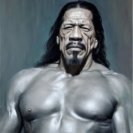 Image similar to ultra realistic portrait painting of danny trejo, art by frank frazetta, 4 k, ultra realistic, highly detailed, epic lighting