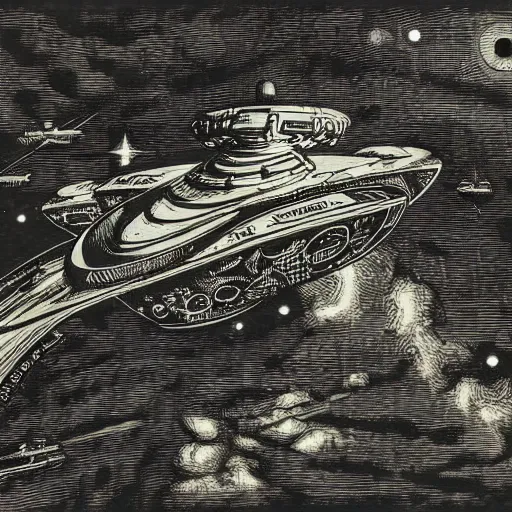 Prompt: woodcut of starship enterprise, star trek, by gustave dore