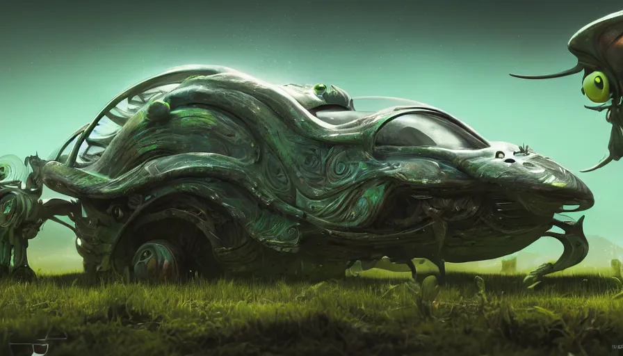 Prompt: A fancy alien car!! abandoned on a magical biome full of oddities, slimy plants, goofy, sparky, full sun, positive vibes, behance, artstation, unreal render, unreal engine 5, octane, smooth, 8k