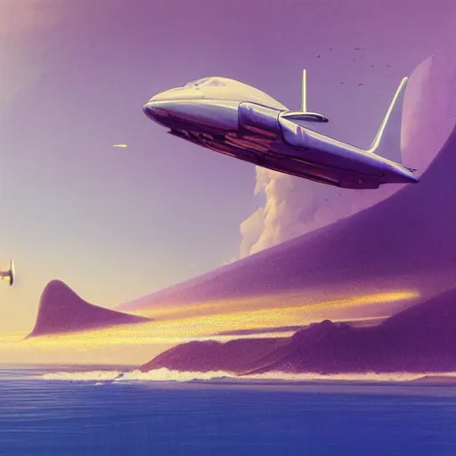 Image similar to beautiful matte painting of golden shores of a blue dreamy ocean, heavenly island in the clouds floating above the ocean, spaceship flying by, towering mountains emerging from the ocean, sci - fi, daylight, blue sky, cinematic lighting, cinematic perspective, album cover art, syd mead, john harris, federico pelat