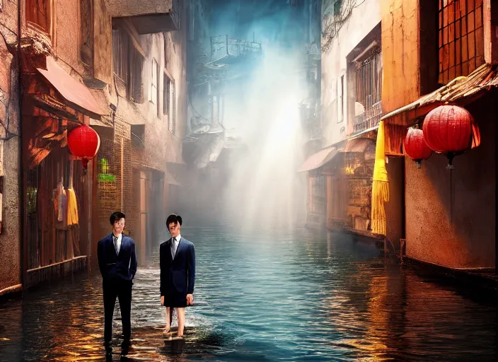 Image similar to a very high resolution image from a new movie, two deer wearing suits, in a narrow chinese alley, surrounded by water vapor, beatiful backgrounds, dramatic lighting, directed by wes anderson