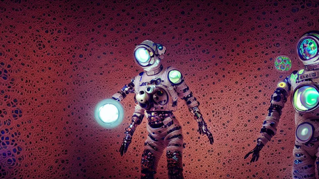 Image similar to a cybernetic symbiosis of a single astronaut mech-organic eva suit made of pearlescent wearing knitted shiny ceramic multi colored yarn thread infected with diamond 3d fractal lace iridescent bubble 3d skin dotted covered with orb stalks of insectoid compound eye camera lenses floats through the living room, film still from the movie directed by Denis Villeneuve with art direction by Salvador Dalí, wide lens,kevlar,carbon fiber,ceramics,gaseous materials,