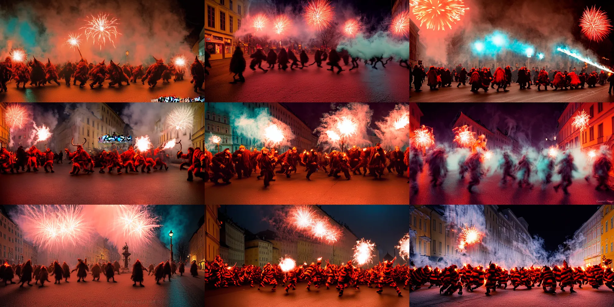 Prompt: kodak portra 4 0 0, winter, hellfire, award winning dynamic photograph of a bunch of hazardous krampus by robert capas, in muted colours, striped orange and teal, motion blur, on a street in salzburg at night with colourful pyro fireworks and torches