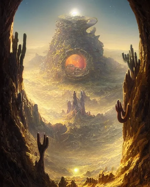 Image similar to highly detailed, intricate beautifully stunning picture of a cosmic aquarium in the middle of a keyhole portal overlooking the desert, stunning atmosphere, huge black glowing sun, matte painting by Andrei Riabovitchev, Shaun Tan and Peter Mohrbacher