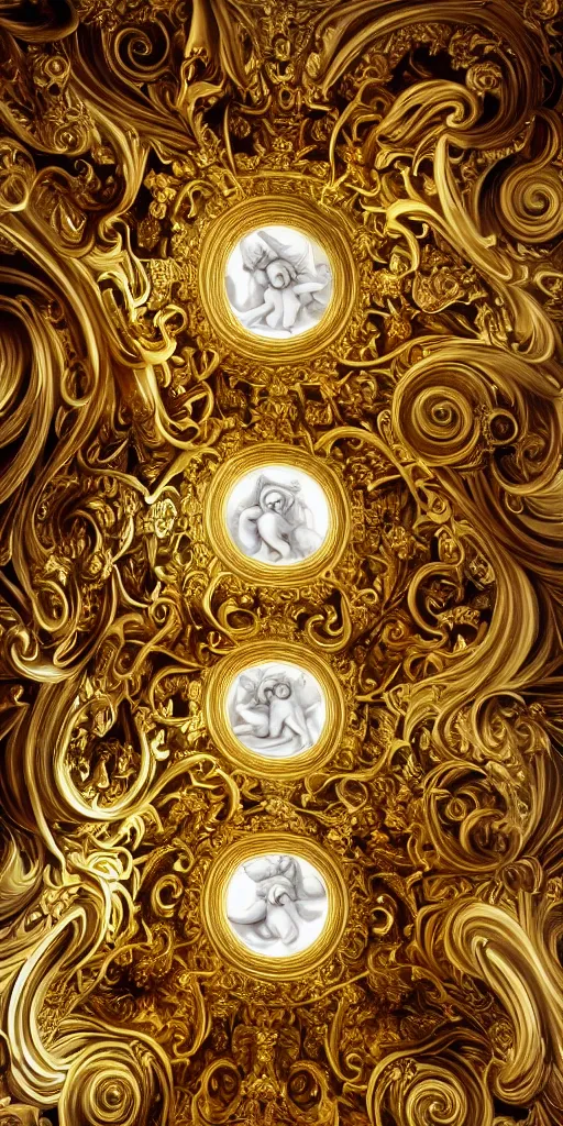 Prompt: the source of future growth dramatic, elaborate emotive Golden Baroque and Rococo styles to emphasise beauty as a transcendental, seamless pattern, symmetrical, large motifs, sistine chapel ceiling, 8k image, supersharp, spirals and swirls, Gold black rainbow and white colors, perfect symmetry, 3D, no blur, sharp focus, photorealistic, insanely detailed and intricate, cinematic lighting, Octane render, epic scene, 8K