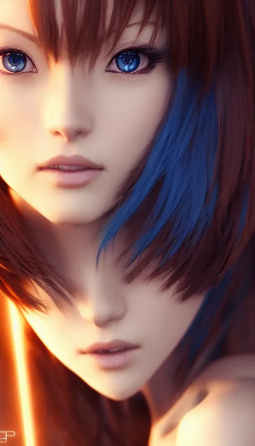 Image similar to render as a very beautiful 3d anime woman with short brown hair, blue eyes, heavy makeup, short smile, cinematic lightning, highly detailed, trending on Artstation, Unreal Engine 4k, cinematic wallpaper