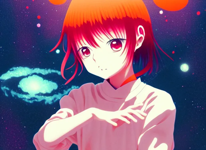 Image similar to anime full portrait of a young girl floating inside a nebula ,omoide emanon, tsuruta kenji, murata range,kawaii, kyoto animation, manga, intricate, detailed, studio lighting, orange red black white, gradation,editorial illustration, matte print, Ilya Kuvshinov