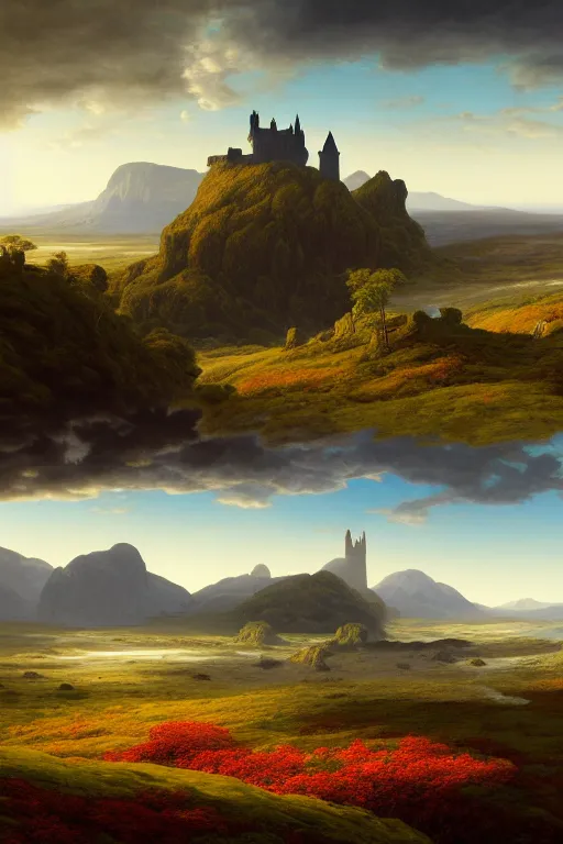 Prompt: a beautiful digital illustration painting of a detailed gothic fantasy endless plains of scottish highlands with castle in the distance, by benoit b. mandelbrot, steven belledin, martin johnson heade, lee madgwick, caspar david friedrich, and david rios ferreira. 8 k resolution trending on artstation concept art digital illustration