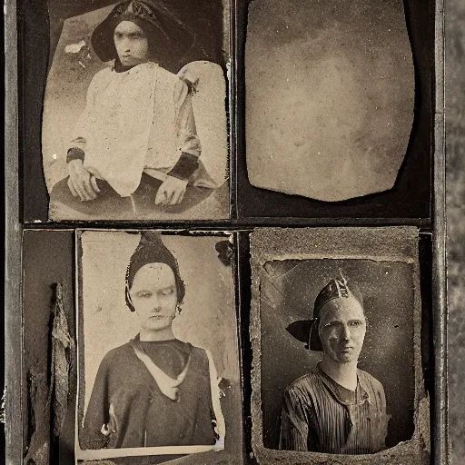 Prompt: Tintype photograph of primitive objects displayed in an ethnographic museum, archive material, anthropology, 1920s studio lighting.