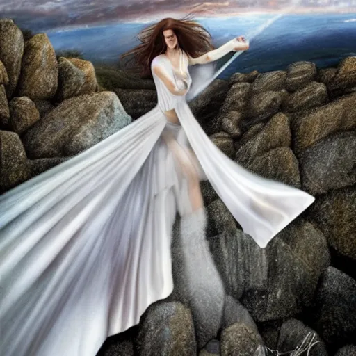 Prompt: Glamorous Runway Model wearing a sheer white dress competes in the Annual Extreme Ironing Competition on top of Mt. Washington Vermont with winds of 80mph, long wind blown dark reddish hair, tight bone structure, olive skin, intricate, elegant, highly detailed, octane render, photorealistic, smooth, depth of field blur, illustration, art by artgerm and James Jean, John Harris