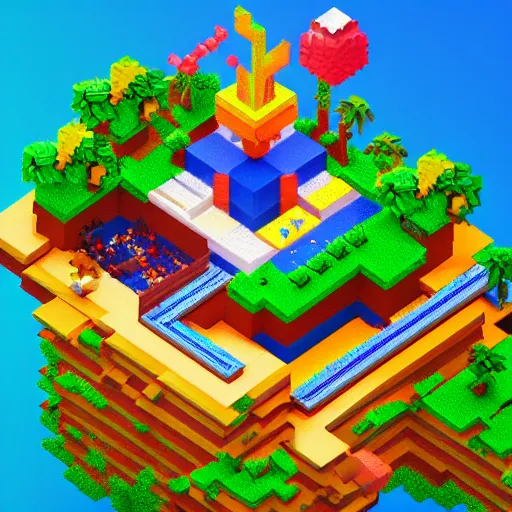 Image similar to Isometric pixel art 3D Fantasy Island, very realistic, no background, very colourful, cinematic lighting, cgi render, trending on Artstation