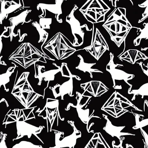 Image similar to a graphical pattern of white wolves into black geese by maurits cornelius escher, aerial view, scared black geese, angry white wolves, hexagonal pattern, intricate details, geese, wolves, screen print, frameless