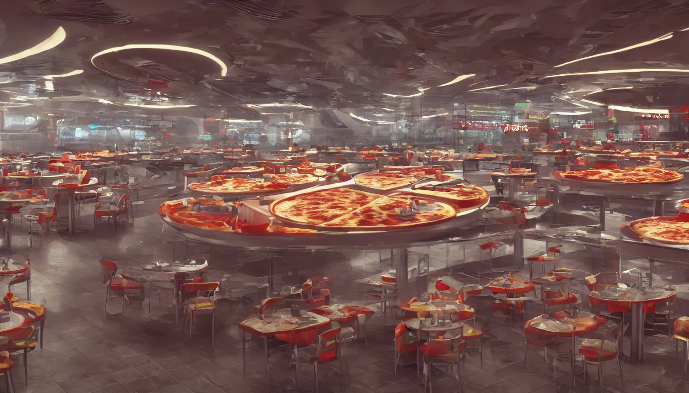 Image similar to futuristic Pizza Hut, photorealistic, cinematic, trending on artstation