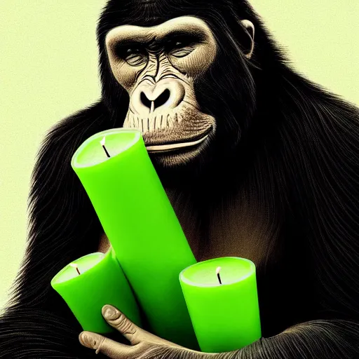 Image similar to Ape holding a green stock chart candle, studio portrait, high detail, artstation, digital painting, 8k, concept art