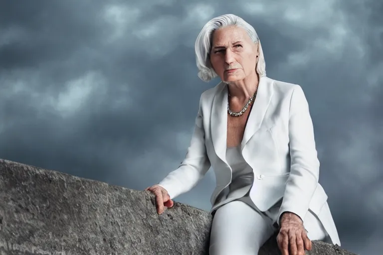 Prompt: a realistic cinematic headshot portrait of an old beautiful woman on top of skyscaper, wearing futuristic white suit, ceo, 4 k, ultra realistic, dramatic lighting, rain, clouds, fog, vogue, fashion, magazine spread, by annie leibovitz