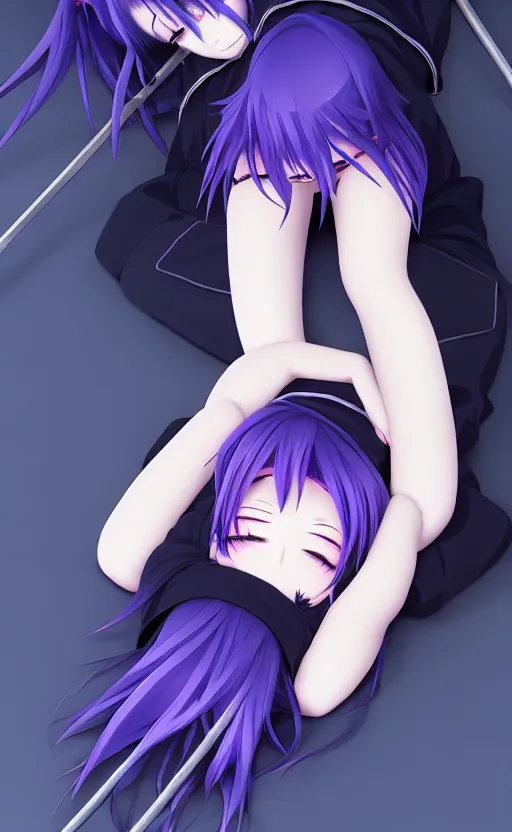 Prompt: A top down view of a cute young real life 3D anime girl with long blueish violet hair laying on her back, her hands are above her head, wearing a black reaper hood with shorts, a bloody scythe is laying next to her foot, in a dark field, top down angle, laying on her back, full body, dark and moody lighting, night time