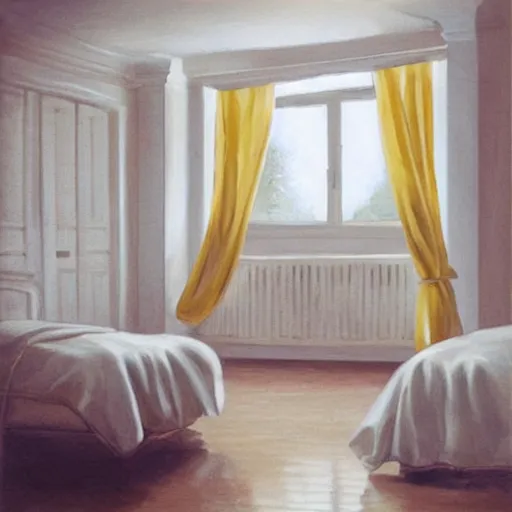 Prompt: cream - colored studio, vanilla - colored lighting, soft golden light, marble studio, marble floor, yellow lighting, bare room, empty room, studio room, art room, window to night time, night time, warm lighting inside, art by artgerm