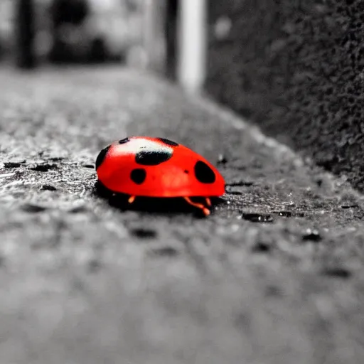 Image similar to a ladybug crawling on a sidewalk, it is night and raining, bushes in the background, moody lighting, peaceful atmosphere, digital art, highly detailed, high contrast, beautiful lighting, award winning, trending on art station, 8 k,