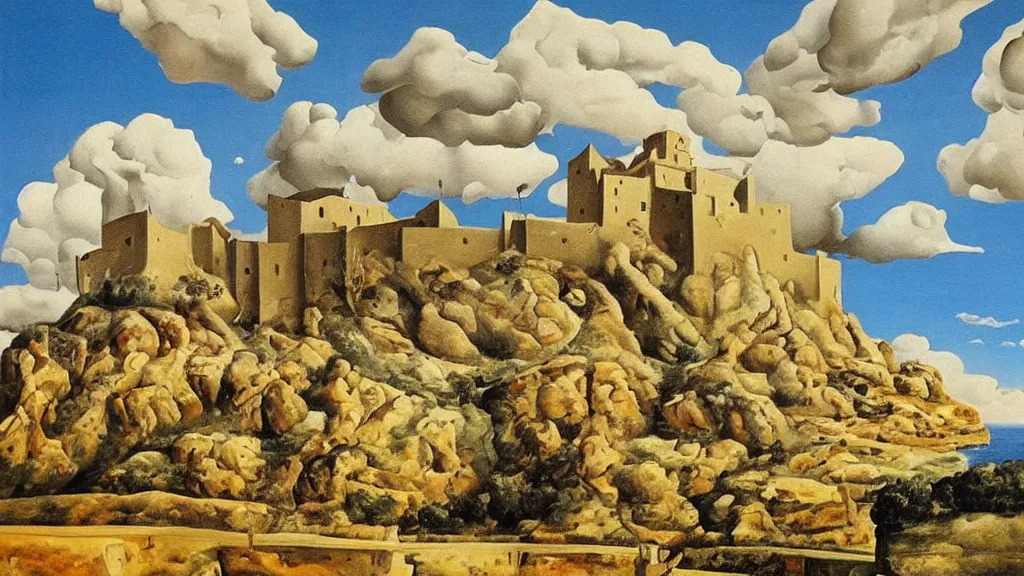 Prompt: High-Quality surrealist painting of Castell de Sant Ferran, peaceful, very detailed, oil painting by Salvador Dalí.