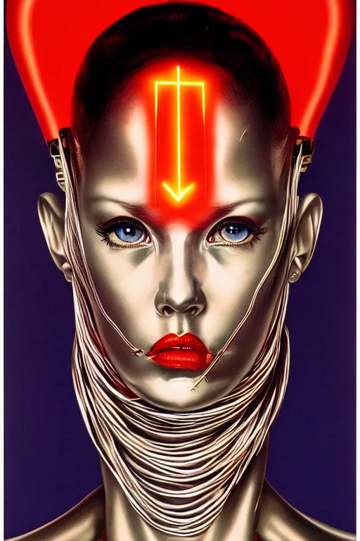 Image similar to cyborg head wrapped in plastic bags by Hajime Sorayama and Artemisia Gentileschi, centered, symmetrical, led, red, bilateral symmetry, third person, 70s poster, polished, lightning, retro dark vintage sci-fi, 2D matte illustration