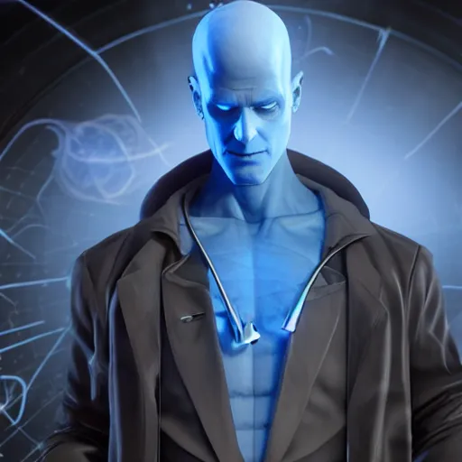 Image similar to A still of Dr. Manhattan as John Constantine, award winning photo, unreal engine, highly detailed features