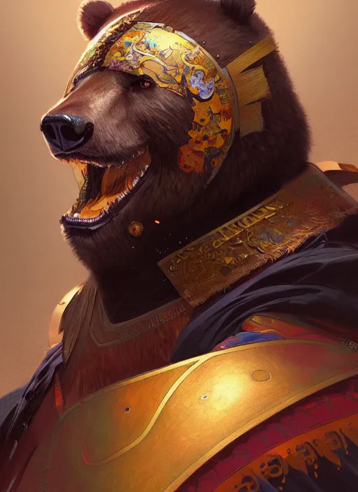 Prompt: portrait of anthropomorphic bear in samurai armor, colorful, highly detailed, digital painting, artstation, concept art, smooth, sharp focus, illustration, art by artgerm and greg rutkowski and alphonse mucha