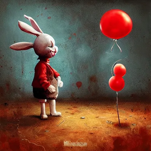 Prompt: surrealism grunge cartoon painting of a cartoon bunny and a red balloon by - michal karcz, loony toons style, pennywise style, horror theme, detailed, elegant, intricate