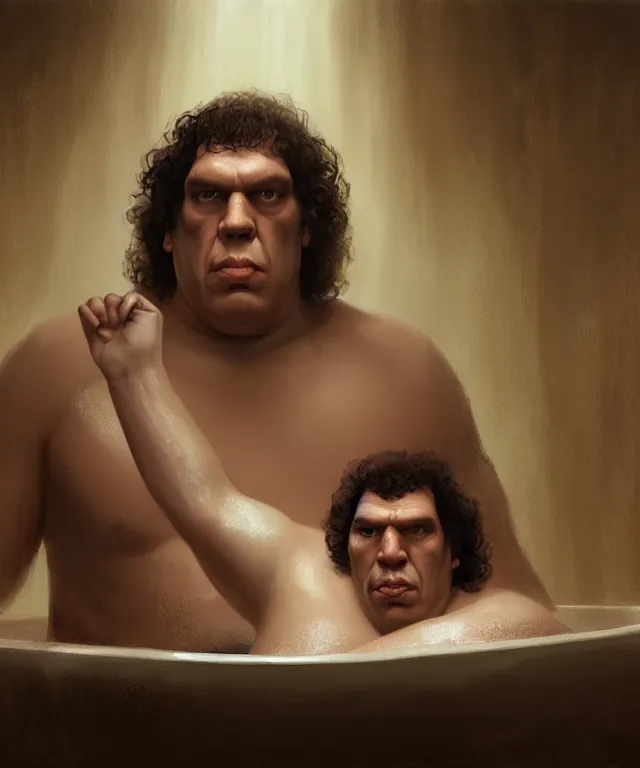 Image similar to andre the giant, cinematic, in a bathtub, holding a rubber ducky, elegant, highly detailed, digital painting, artstation, smooth, hard focus, illustration, art by jessica rossier and and brian froud