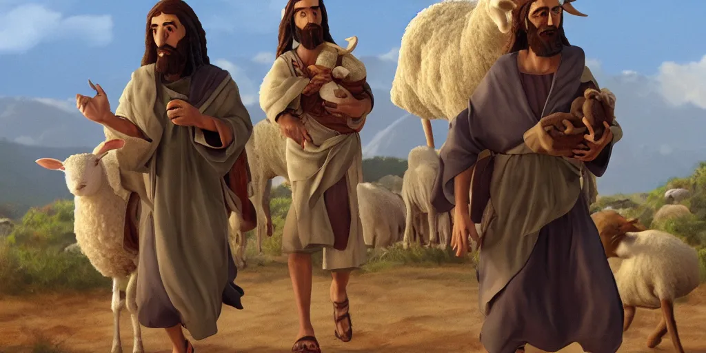 Prompt: jesus, first century man, hebrew clothes, carrying sheep over shoulder, very detailed, realistic, pixar, rim - light