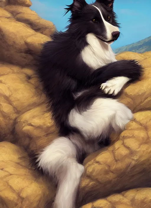 Prompt: wide angle beautiful full body portrait of a cute male anthropomorphic anthro border collie fursona reclining on the side of a rocky hill, character design by charlie bowater, henry asencio, and ross tran, disney, scenic background, detailed, glamor pose, aesthetic, trending on artstation, furaffinity, deviantart