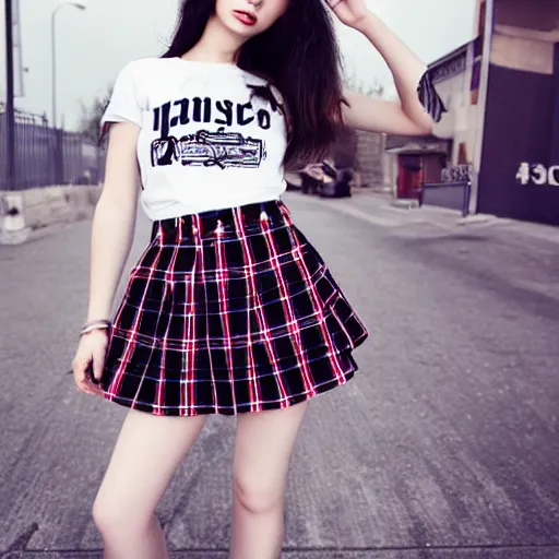Prompt: female model teenage emo photography plaid skirt band shirt