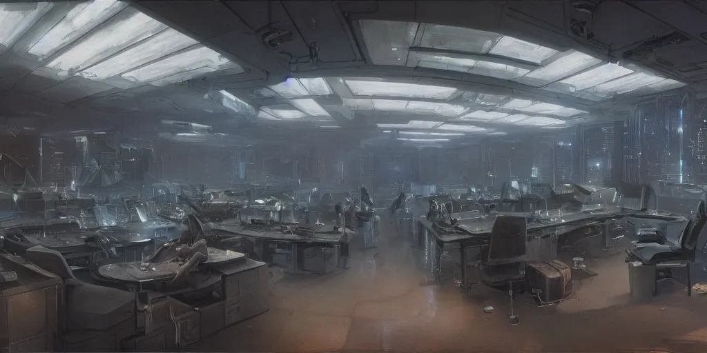 Prompt: a dystopian cyberpunk office interior with huge holographic displays everywhere, ralph maquarrie and giger and syd mead cinematic matte painting, 4 k