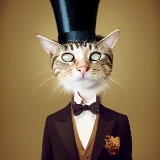 Image similar to a cat wearing a top hat and a bow tie, a stock photo by René Magritte, shutterstock contest winner, pop surrealism, steampunk, surrealist, handsome