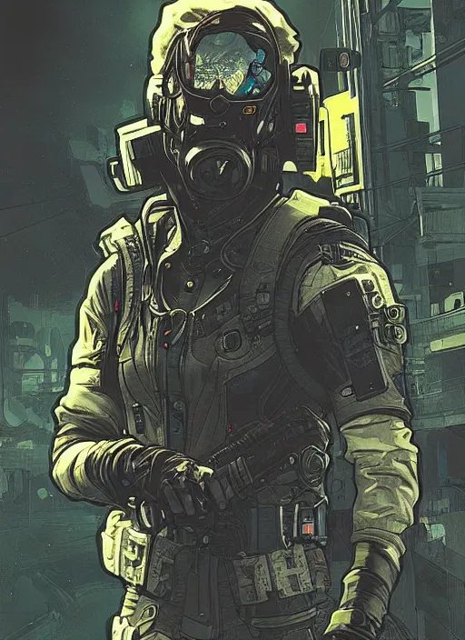 Image similar to cyberpunk blackops commander. night vision. portrait by ashley wood and alphonse mucha and laurie greasley and josan gonzalez and james gurney. spliner cell, apex legends, rb 6 s, hl 2, d & d, cyberpunk 2 0 7 7. realistic face. dystopian setting.