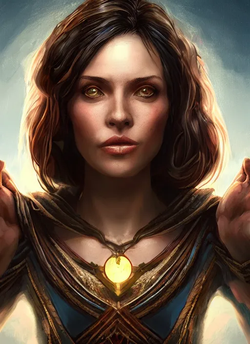 Image similar to An epic fantastic realism comic book style portrait painting of a beautiful psychic sorcerous, short brown hair, floating in the air, D&D Concept Art, unreal 5, DAZ, hyperrealistic, octane render, cosplay, RPG portrait, dynamic lighting