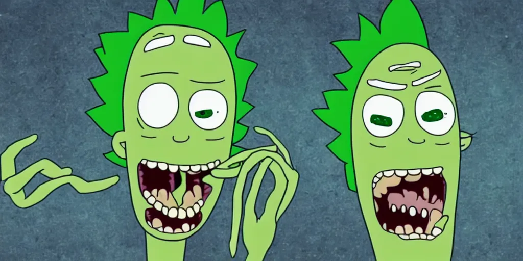 Prompt: Pickle Rick Sanchez after transforming into a pickle, terrified as his new body slowly breaks down into green goo