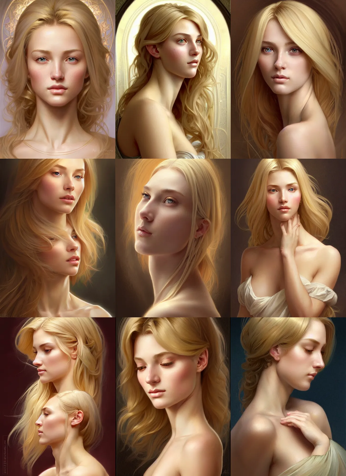 Prompt: face of feminine perfection!! character concept artportrait of young wife blessed by god to uncontrollably become overwhelmingly perfect, blonde, golden ratio! intricate, sensual features, highly detailed, fertile strong tall!! digital painting, artstation, smooth, sharp focus, illustration, art by artgerm and greg rutkowski and alphonse mucha