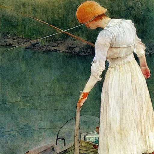 Image similar to a woman wearing a white dress fishing, by Carl larsson