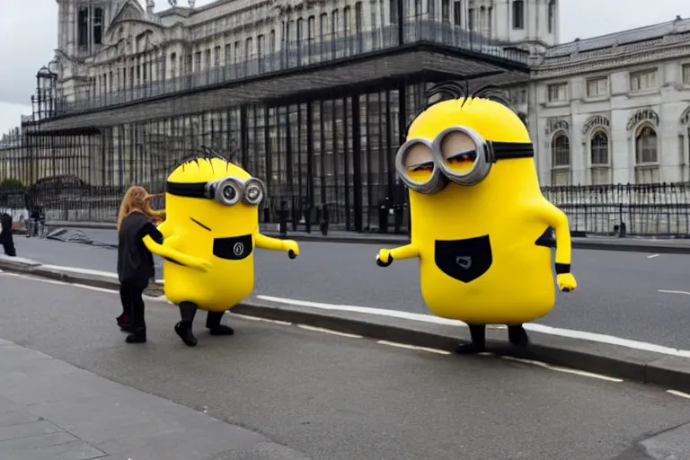 Prompt: gigantic minion walking through london