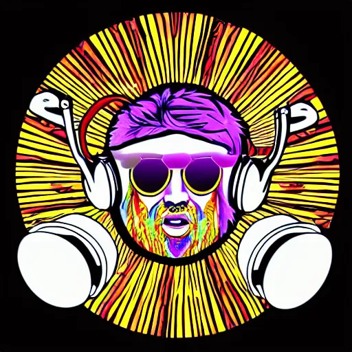 Image similar to svg sticker of a Dancing-Alex-Grey-Psychedelic-Rave-Man, at a rave, spinning records, giant headphones rocking out, wearing headphones, huge speakers, dancing, rave, DJ, spinning records, digital art, amazing composition, rule-of-thirds, award-winning, trending on artstation, featured on deviantart