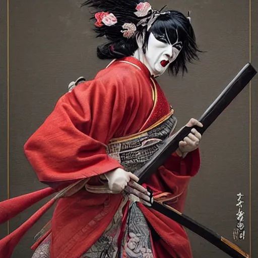 Image similar to an epic portrait of insane kabuki male wielding a spear and doing the nirami covered in a magical mist of insanity, intricate hakama, poofy red wig, eerie, highly detailed, dark fantasy, art by artgerm and greg rutkowski