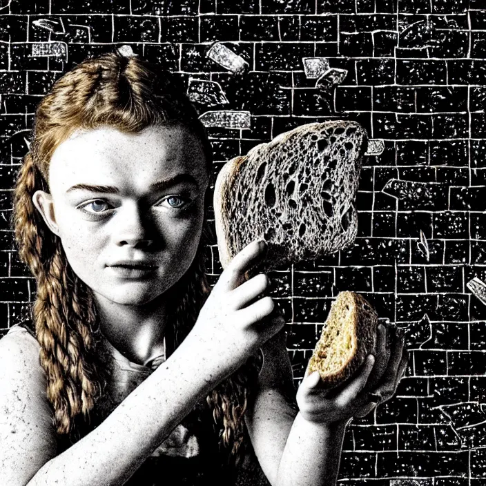 Prompt: extreme close - up on sadie sink as a miner : she lifts a slice of bread with her hand. background : black tiles on walls. black and white, pencil and ink. by gabriel hardman, joe alves, chris bonura. cinematic atmosphere, detailed and intricate, perfect anatomy