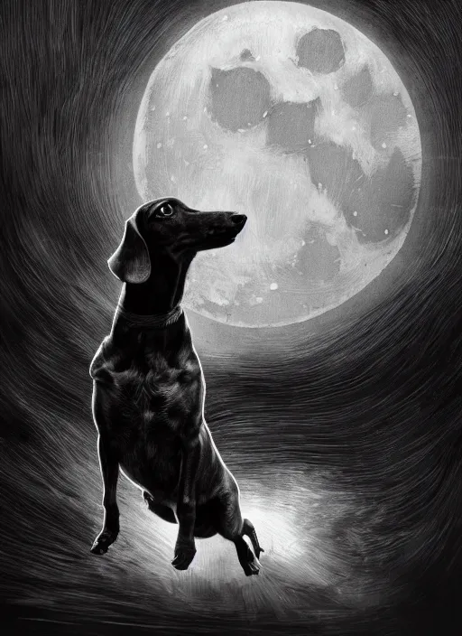 Image similar to a dachshund howling at the moon dark colors, sinister atmosphere, dramatic lighting, cinematic, establishing shot, extremely high detail, photo realistic, cinematic lighting, pen and ink, intricate line drawings, by Yoshitaka Amano, Ruan Jia, Kentaro Miura, Artgerm, post processed, concept art, artstation, matte painting, style by eddie mendoza, raphael lacoste, alex ross