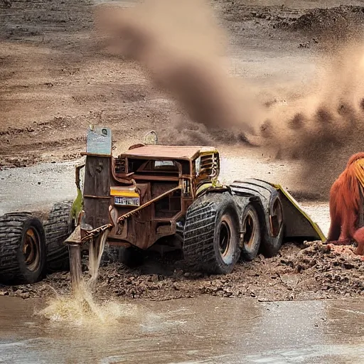 Prompt: orangutan driving a digger destroying city houses, photograph, 8k, award winning n 9