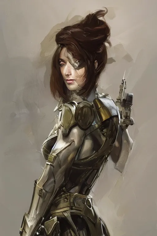 Image similar to a professionally painted portrait of an attractive young woman, clothed in military armor, olive skin, long dark hair, beautiful bone structure, symmetrical facial features, intricate, elegant, digital painting, trending on Artstation, concept art, smooth, sharp focus, illustration, from Metal Gear by Ruan Jia and Mandy Jurgens and Artgerm and William-Adolphe Bouguerea, award winning