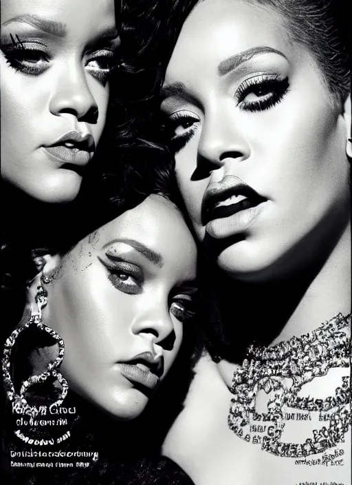 Image similar to portrait, rihanna and lady gaga together, for vogue magazin, by charlotte grimm, natural light, detailed face, beautiful features, symmetrical, highly detailed, highly realistic, high resolution, canon eos c 3 0 0, ƒ 1. 8, 3 5 mm, 8 k, medium - format print, half body shot