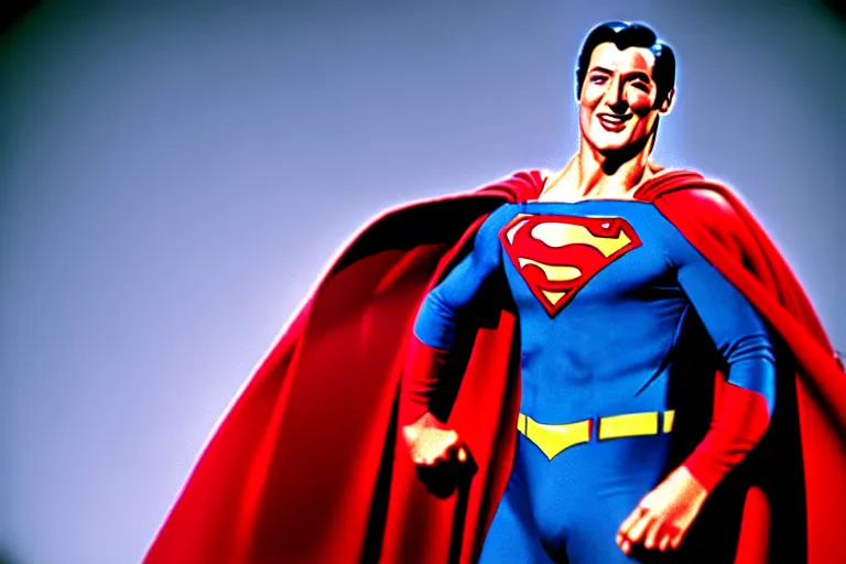 Image similar to rock hudson playing superman in, superhero, dynamic, 3 5 mm lens, heroic, studio lighting, in colour