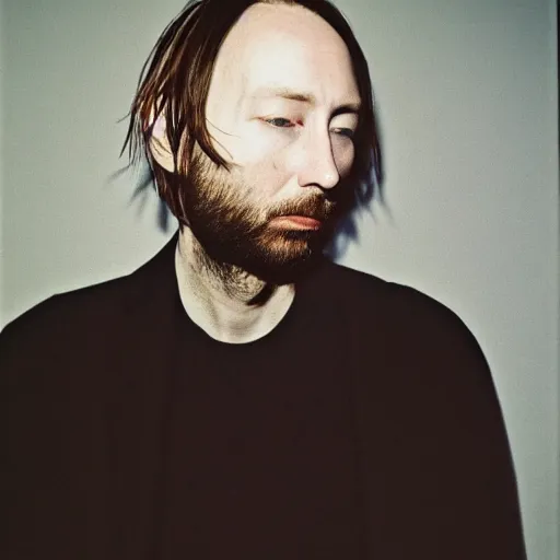 Prompt: Yorke Radiohead thom, with a beard and a black jacket, a portrait by John E. Berninger, dribble, neo-expressionism, uhd image, studio portrait, 1990s